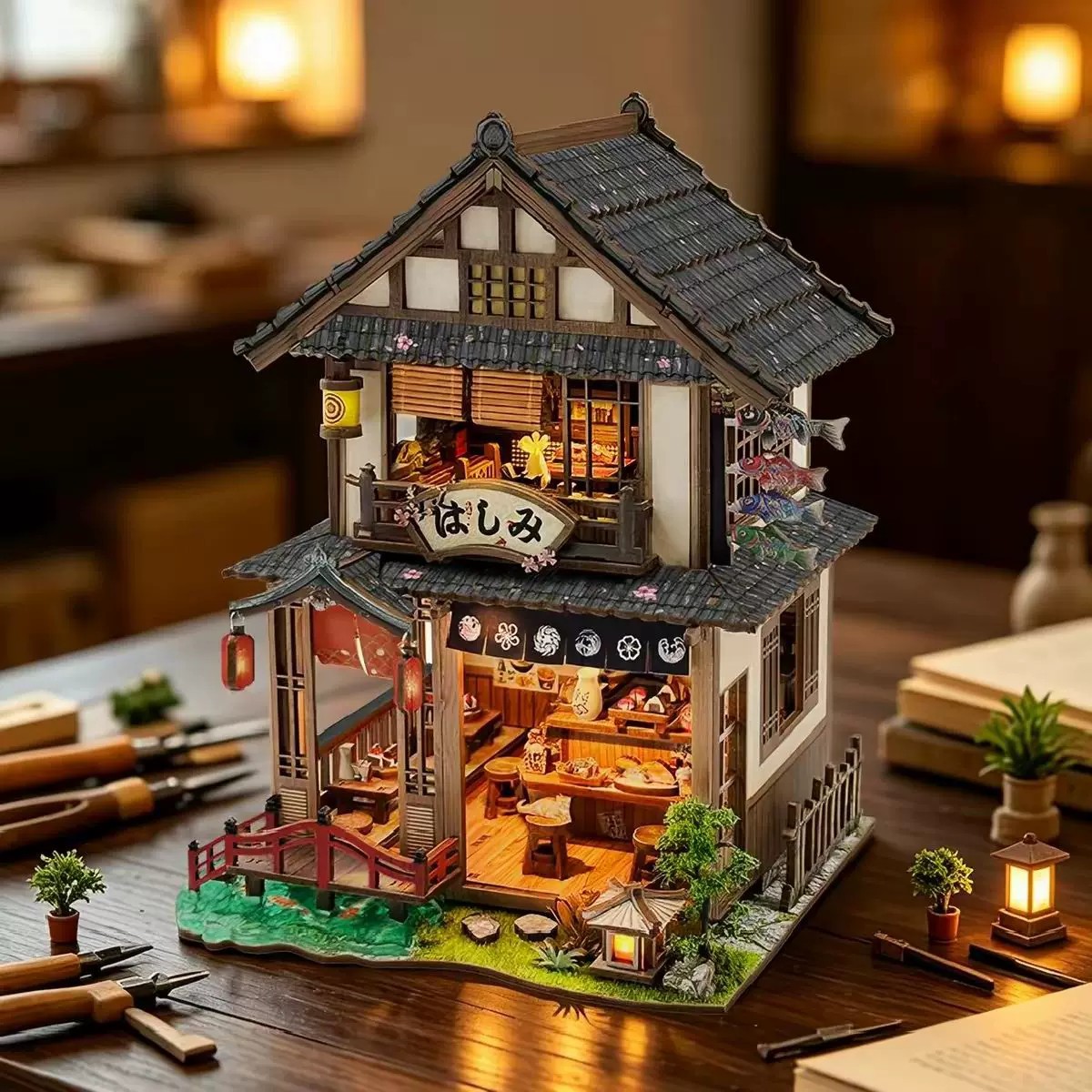日式桥畔町屋DIY拼装模型木质微缩建筑小屋手工摆件带灯跨境礼物