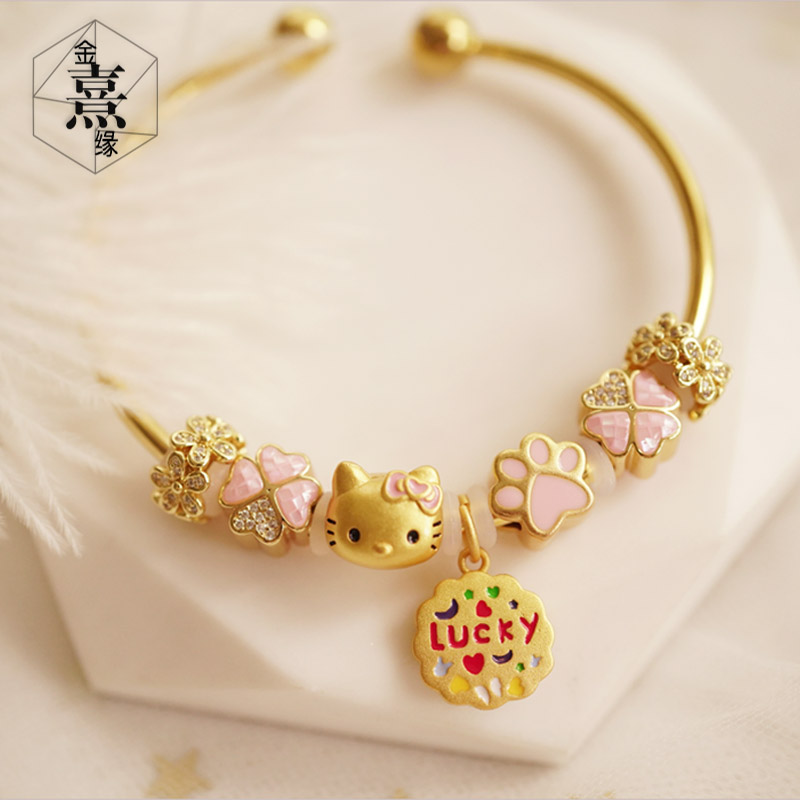 Lucky粉色幸运可爱开运手链可穿3D硬金配饰周家黄金转运珠路路通