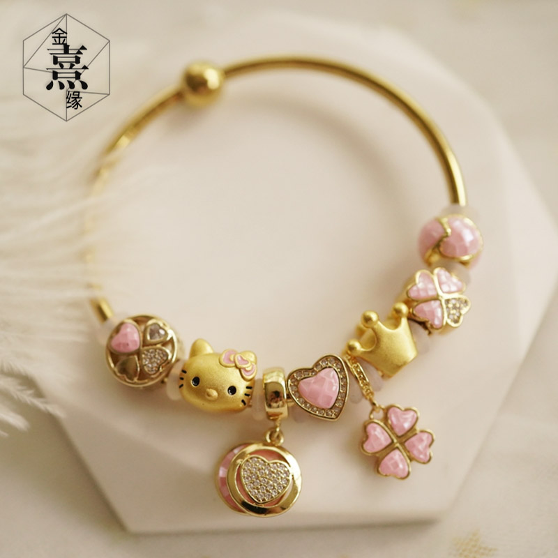 粉色猫咪幸运草可爱开运手链可穿3D硬金配饰周家黄金转运珠路路通