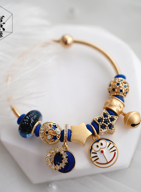 多啦A梦蓝胖子叮当猫蓝色手链女3d硬金可穿配饰diy大孔转运珠散珠