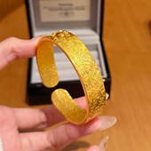 古法金錾刻吉言莲花富贵实心开口手镯女金店同款 手环 金色手镯宽版