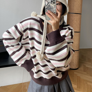 V领条纹休闲毛衣女2024春季新品韩版宽松洋气套头外穿上衣潮