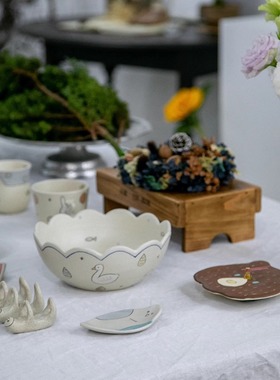 【月器】日本陶艺家 assa 插画动物粗陶盘 甜点盘 豆皿 钵 花器