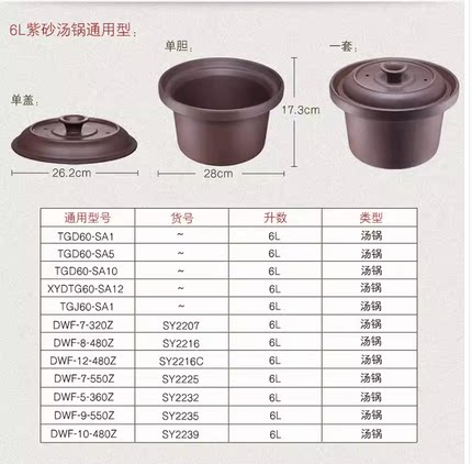 三源紫砂内胆6.5L紫砂汤锅SY2235/SY2239/SY2225/SY2225A/SY2216
