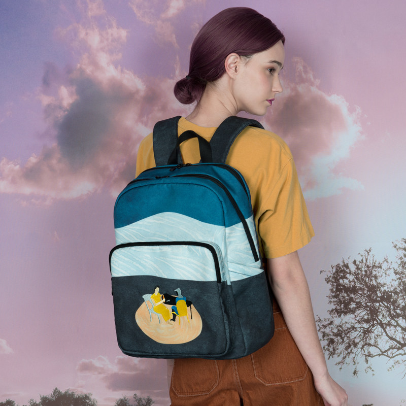 YIZISTORE原创风景印花双肩背包女帆布大容量多隔层高中学生书包