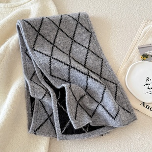 甬制2026新款男士羊毛围巾男针织潮保暖格子长款围脖高档冬季灰色