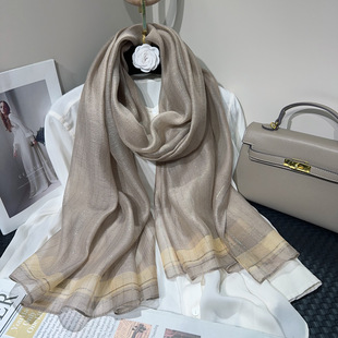 新款跨境仿真丝围巾女秋冬 女士复古防晒金线丝巾长条感披肩