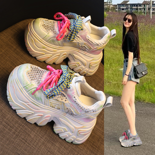 小个子老爹鞋女增高10cm镂空网面2026新款夏季水钻秀气厚底休闲鞋