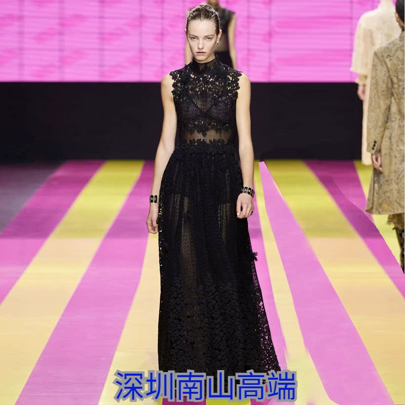 欧美走秀24春夏季新款女装圆领无袖黑色水溶拼蕾丝修身气质连衣裙