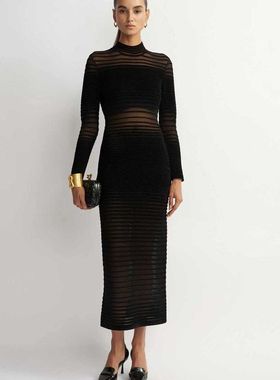 春秋新款气质新款欧根纱拼接小性感长袖黑色长款针织连衣裙潮