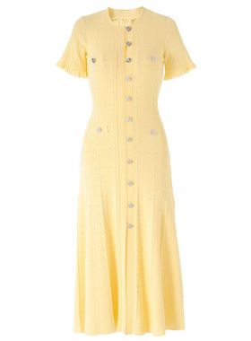 ~现货~南油高品质中东风麻花纹小圆领金属扣亮黄色气质针织连衣裙