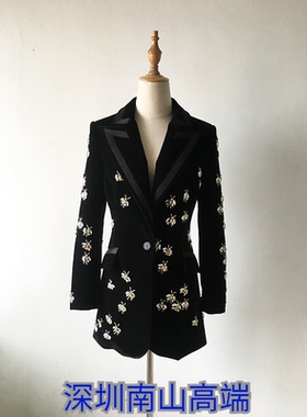 2019欧美风气质通勤黑色丝绒中长款女外套小蜜蜂镶钻钉珠上衣西装