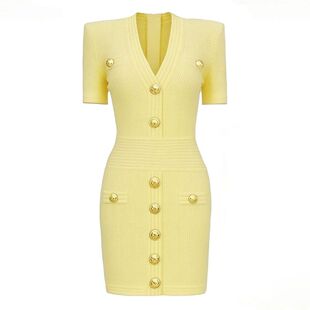 品质女装2025新款气质通勤网红经典V领针织短裙铆钉扣短袖连衣裙