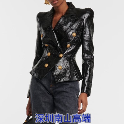 pu皮亮面耸肩修身小西装外套上衣