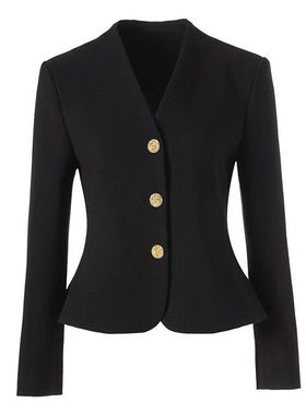 黑色高级感小香风收腰西装V领短款修身时尚三粒扣小西服通勤外套