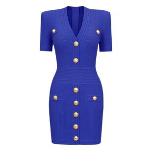 品质女装2025新款气质通勤网红经典V领针织短裙铆钉扣短袖连衣裙