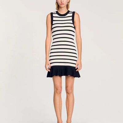 法式小众圆领口撞色连衣裙