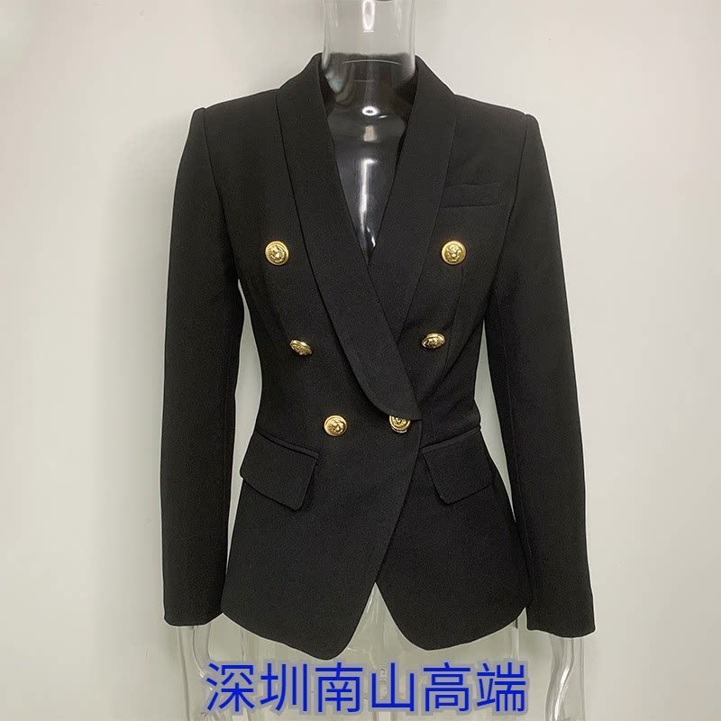 2021春秋欧美双排扣黑色西装领时尚纯色气质通勤外套修身小西装