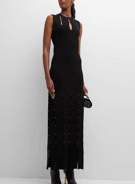 夏季新款无袖圆领镂空炮珠气质开叉针织气质修身连衣裙黑白色裙子