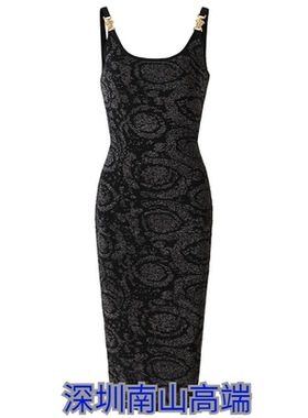 欧美黑色亮丝吊带裙金属扣头显身材收腰针织连衣裙性感辣妹提花裙