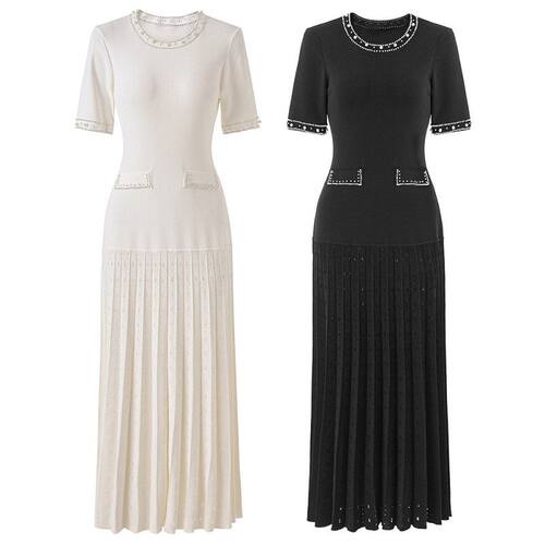 法式重工钉珠短袖收腰针织连衣裙