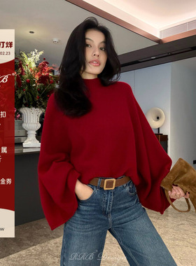 RRB Design 100%羊毛前后两穿宽松慵懒半高领斗篷坎肩毛衣