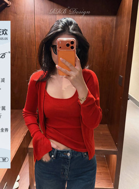 RRB Design慵懒休闲简约长袖上衣女修身显瘦吊带羊毛混纺两件套