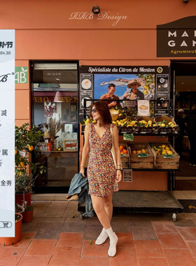 RRB Design 100%桑蚕丝V领修身显瘦收腰系带无袖碎花连衣裙中长裙