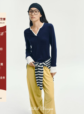 RRB Design「新浪漫」针织修身显瘦百搭长袖V领假两件上衣