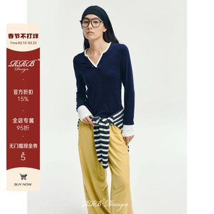 RRB Design「新浪漫」针织修身显瘦百搭长袖V领假两件上衣