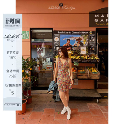 RRB Design 100%桑蚕丝V领修身显瘦收腰系带无袖碎花连衣裙中长裙