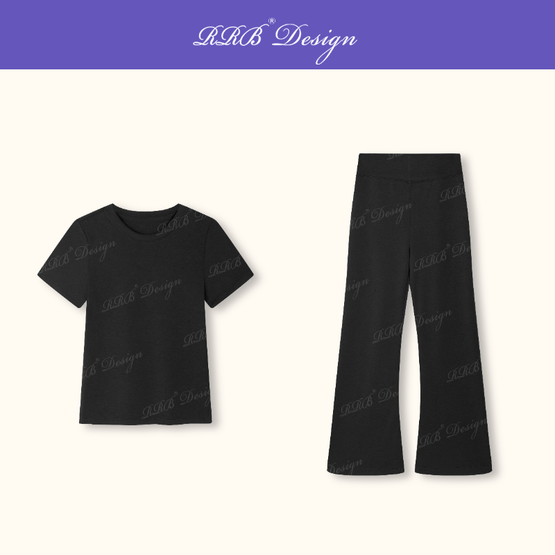 RRB Design 「瘦瘦套」修身显瘦塑形正肩弹力T恤+喇叭裤套装两件