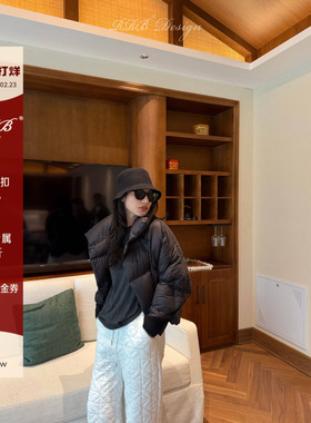 RRB Design 保暖百搭翻领单排扣拼接针织长袖短款鹅绒服