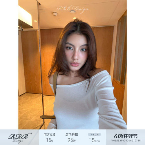一字领斜肩长袖微弹薄款T恤女