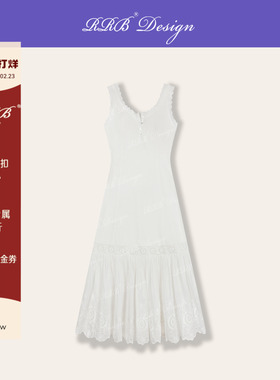 RRB Design「佛罗伦萨」亚麻拼接绣花蕾丝修身显瘦镂空无袖连衣裙