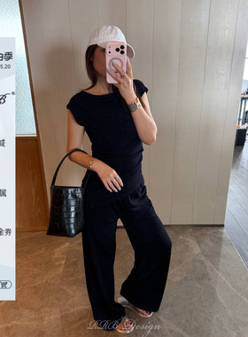 RRB Design【轻影自洽】黑色无袖修身上衣女宽松直筒休闲裤两件套