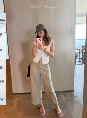 RRB Design【复古工装】天丝棉混纺八分工装裤卡其绿直筒休闲裤女