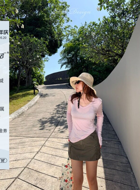 RRB Design 莱赛尔羊毛混纺宽松显瘦V领长袖T恤舒适弹力百搭上衣
