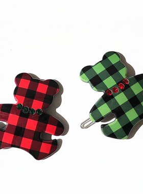 韩饰AZ进口饰品头饰可爱格子小熊发夹边夹发饰