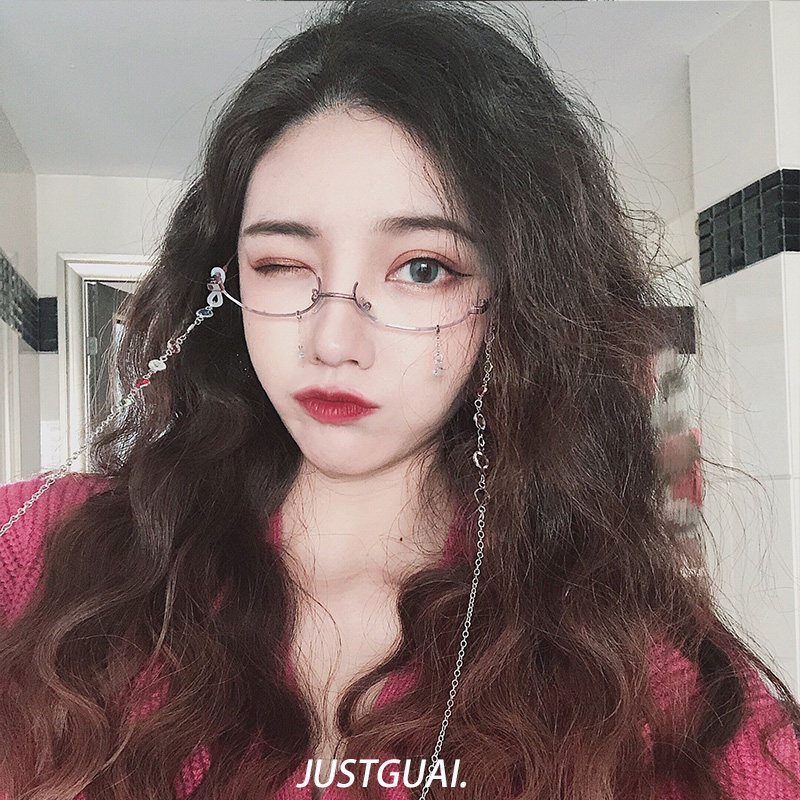 抖音下半框水滴眼镜架女网红同款装饰链条吊坠眼镜空框ins眼镜框