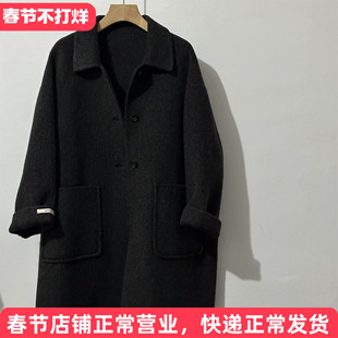 韩代订单款简约慵懒翻领100%绵羊毛双面呢大衣女中长款外套2025冬