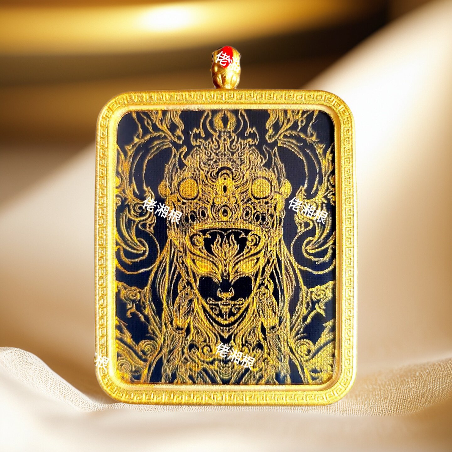 纯手绘【白鹤童子】黑金唐卡吊坠双面道牌挂坠年货节挂件礼品定制