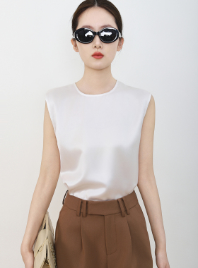 mooelpom2026春醋酸缎面光泽感宽松无袖衬衣女通勤T恤短袖衫上衣