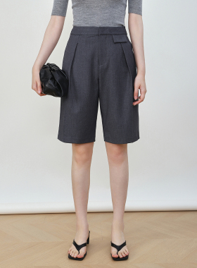 Mooelpom春季新款袋盖装饰垂感极简休闲短裤直筒西装中裤女五分裤