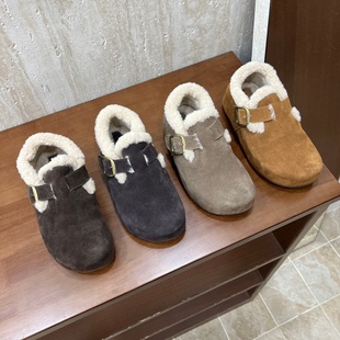 十三行女鞋 实拍加绒内增5CM真皮保暖一脚蹬勃肯外穿百搭毛毛拖鞋