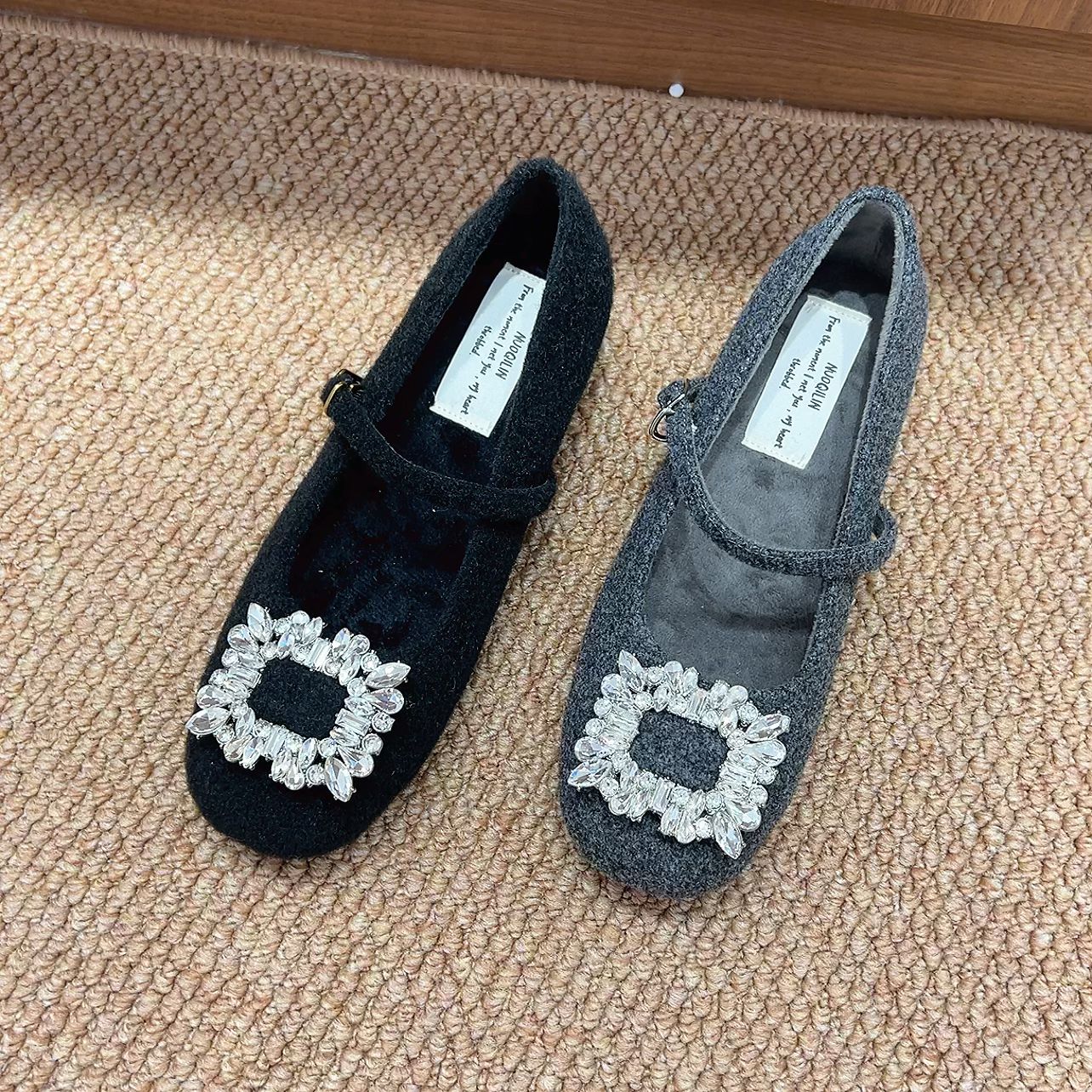 十三行女鞋实拍小香风黑色方扣水钻加绒玛丽珍鞋冬季粗跟毛绒通勤