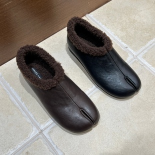 十三行女鞋实拍加绒毛保暖复古猪蹄鞋舒适毛毛鞋乐福鞋小皮鞋