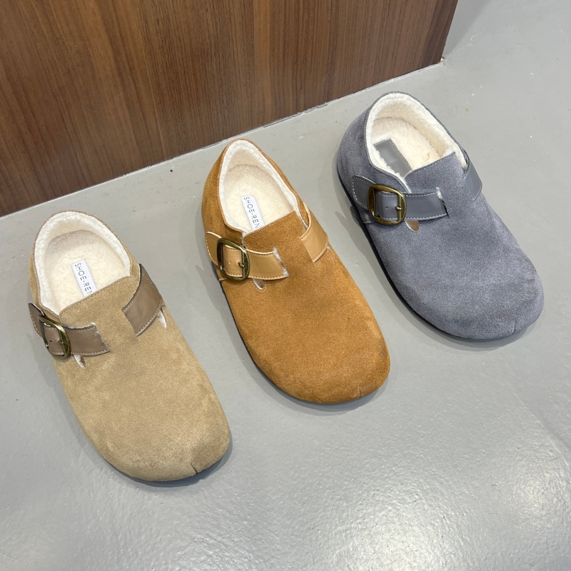 十三行女鞋实拍加绒复古风搭扣设计真皮勃肯鞋一脚蹬休闲懒人鞋