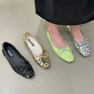 十三行女鞋实拍法式气质亮片闪闪春夏新款浅口蝴蝶结仙女小众单鞋