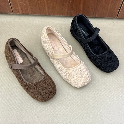 十三行女鞋实拍加绒毛毛鞋女外穿秋冬复古法式配裙子玛丽珍豆豆鞋